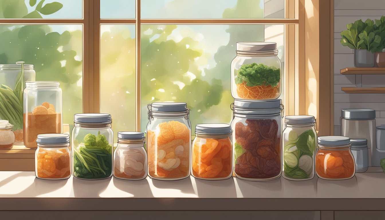 A jar of kimchi sits on a kitchen shelf, surrounded by other fermented foods. The room is warm, and sunlight streams through the window, causing condensation to form on the jar