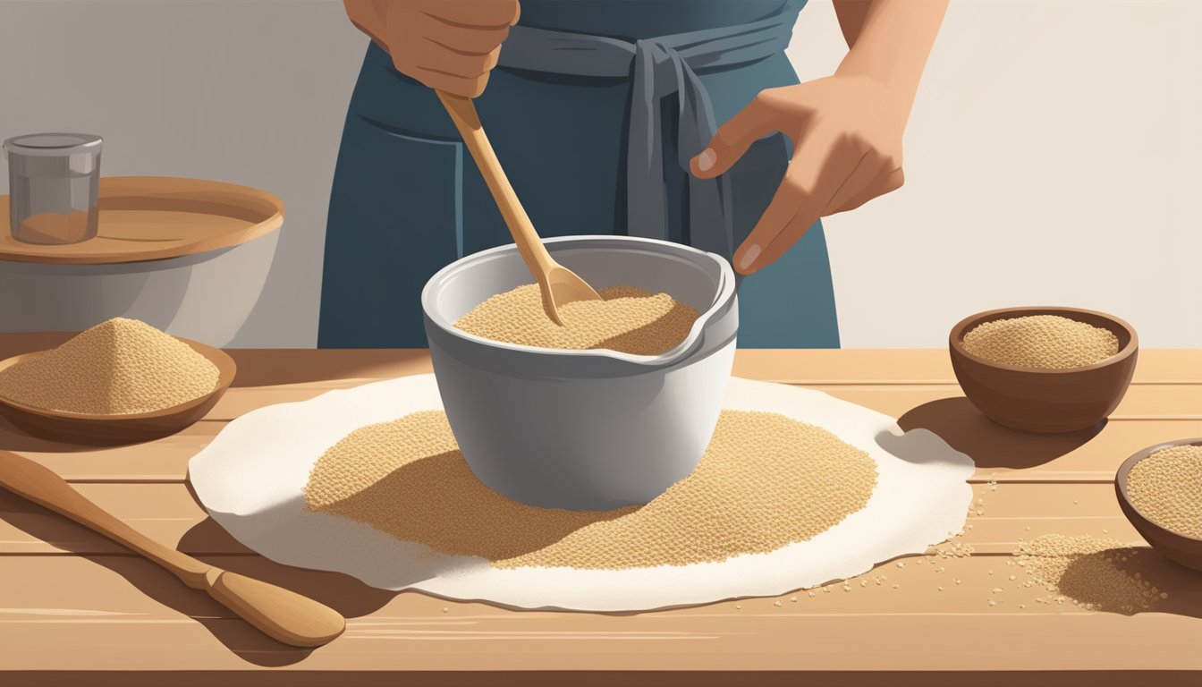 A person pouring spelt flour from a bag into a mixing bowl, with a wooden spoon nearby