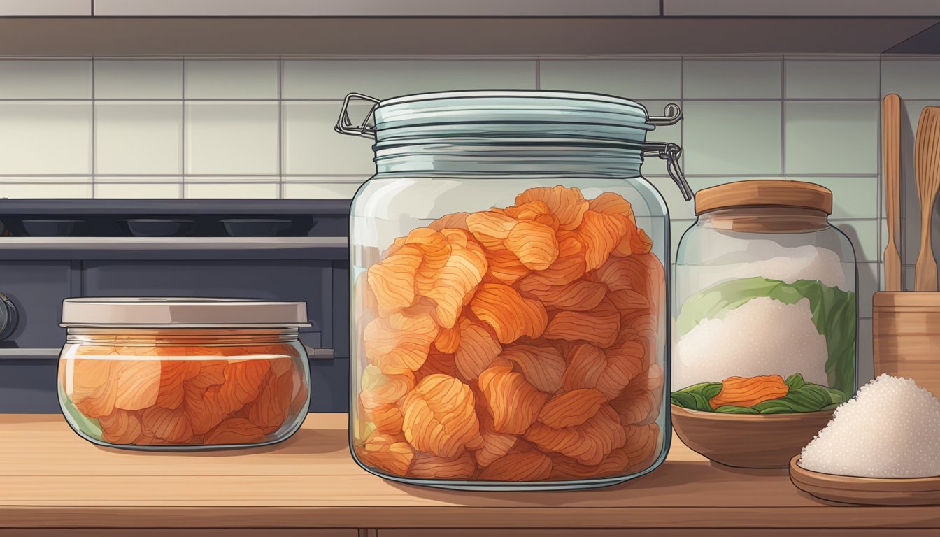 A glass jar filled with homemade kimchi sits on a kitchen shelf, sealed tightly with a lid. A small dish of salt is nearby