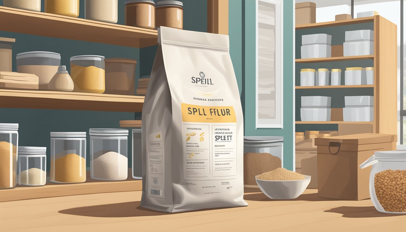 A sealed bag of spelt flour sits on a clean, dry shelf next to a row of neatly organized pantry items