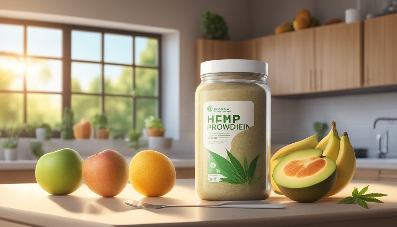 A jar of hemp protein powder sits on a kitchen counter, surrounded by fresh fruits and a measuring scoop. Sunlight streams through the window, illuminating the scene