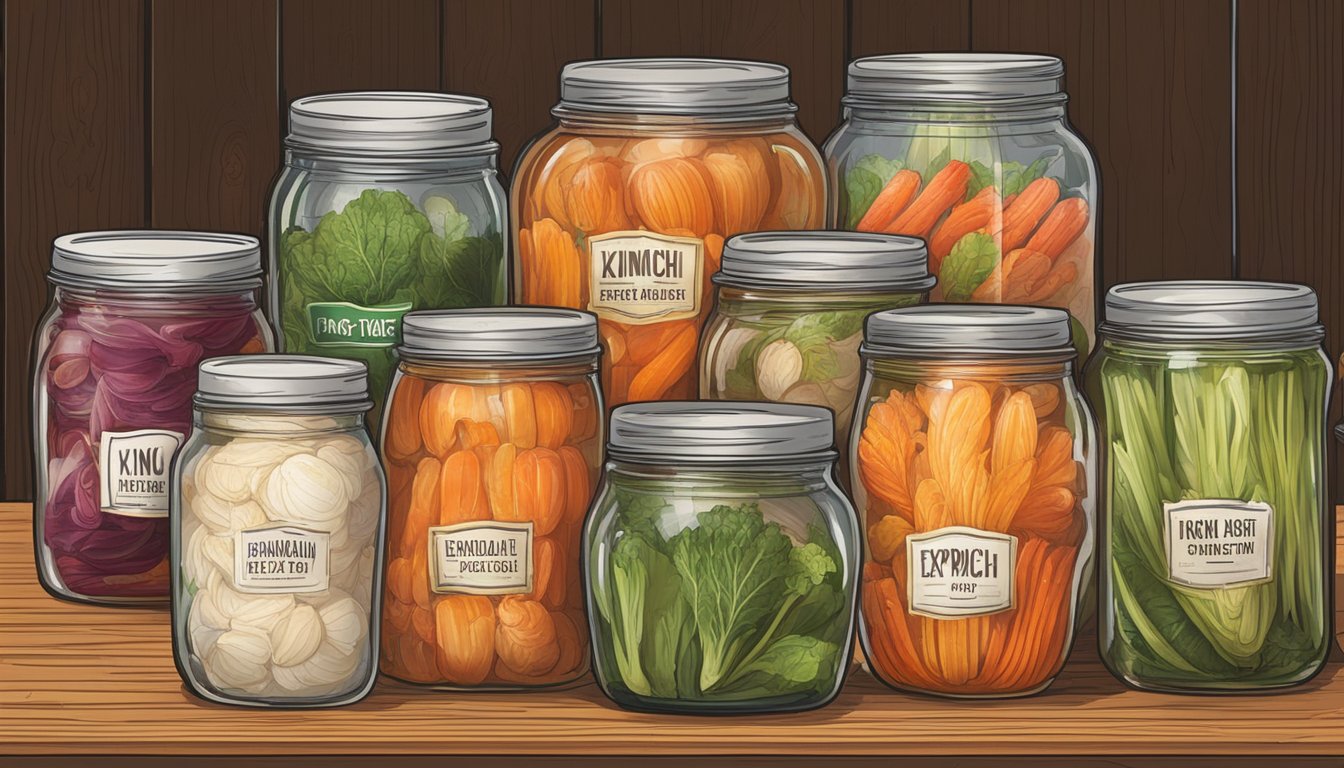 A variety of kimchi jars sit on a wooden table, each labeled with different types and expiration dates. Some are fresh and vibrant, while others show signs of aging and fermentation