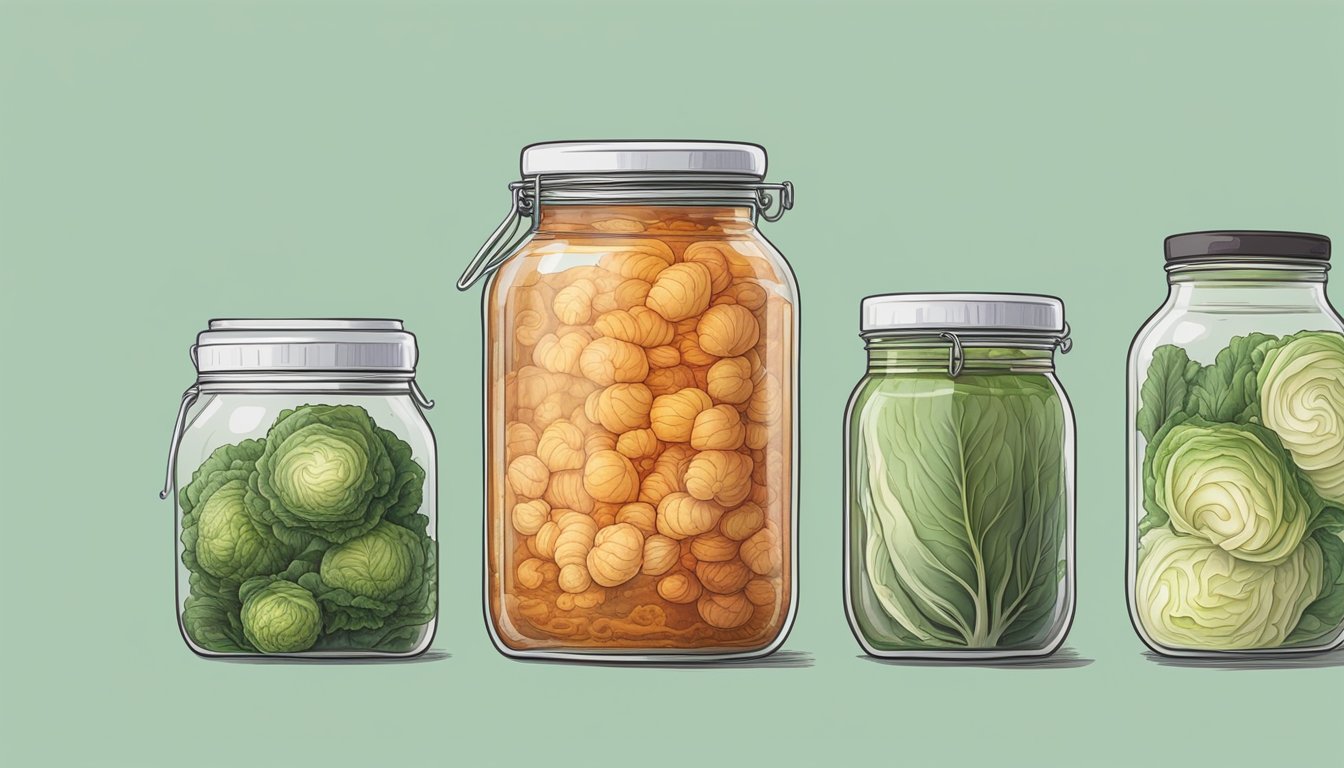 A jar of kimchi gradually changes color and texture over time, showing signs of fermentation and aging. The liquid becomes cloudy and bubbles form as the cabbage and spices transform