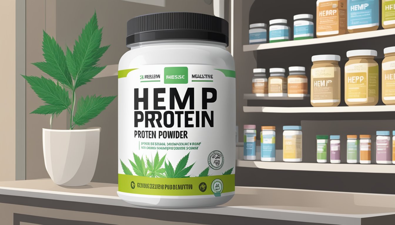 A jar of hemp protein powder sits on a shelf next to other health supplements, with a label indicating the expiration date