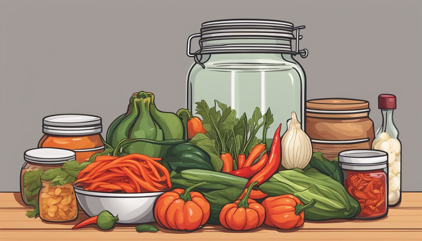 A jar of kimchi sits on a kitchen counter, surrounded by various ingredients like garlic, ginger, and chili peppers. The vibrant red color and pungent aroma suggest the fermentation process