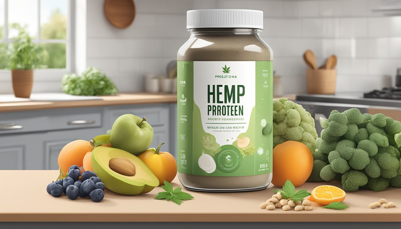 A jar of hemp protein powder sits on a kitchen counter, surrounded by various fruits and vegetables. The lid is open, and a faint aroma of earthy hemp fills the air