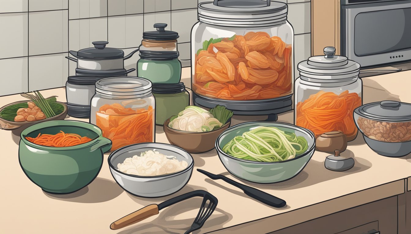 A jar of kimchi sits open on a kitchen counter, surrounded by various cooking utensils and ingredients. A cookbook featuring kimchi recipes is open nearby