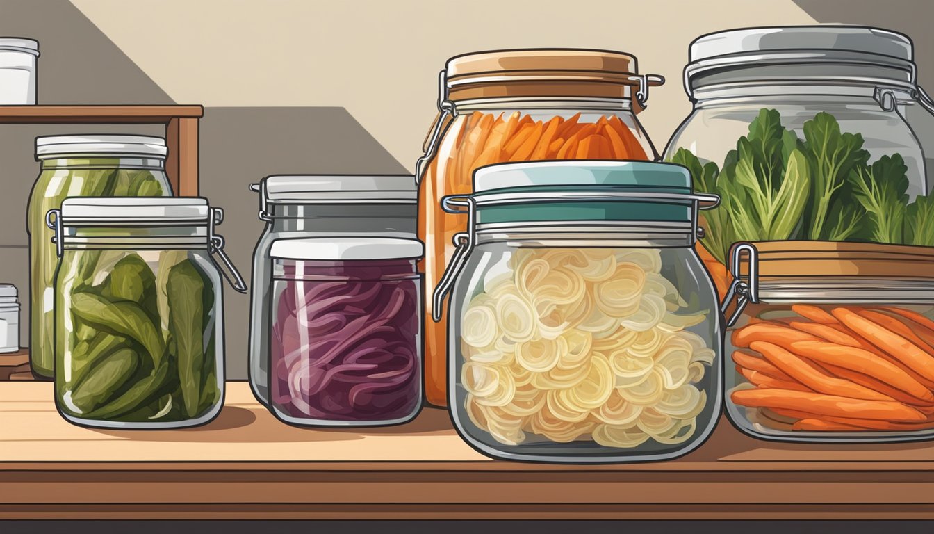 A jar of kimchi sits on a shelf next to pickled vegetables and canned goods. A dehydrator hums in the background, preserving food without refrigeration