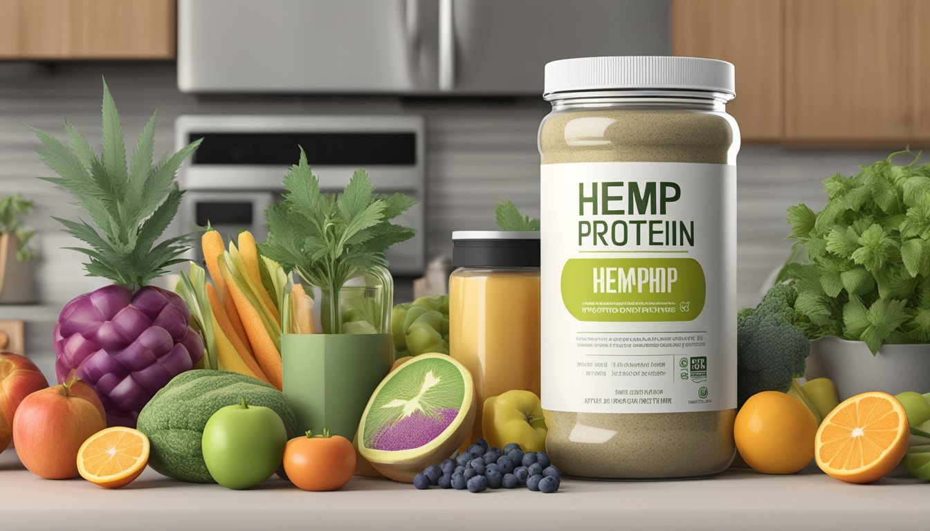 A jar of hemp protein powder sits on a kitchen counter, surrounded by various fruits and vegetables. The label on the jar indicates the expiration date