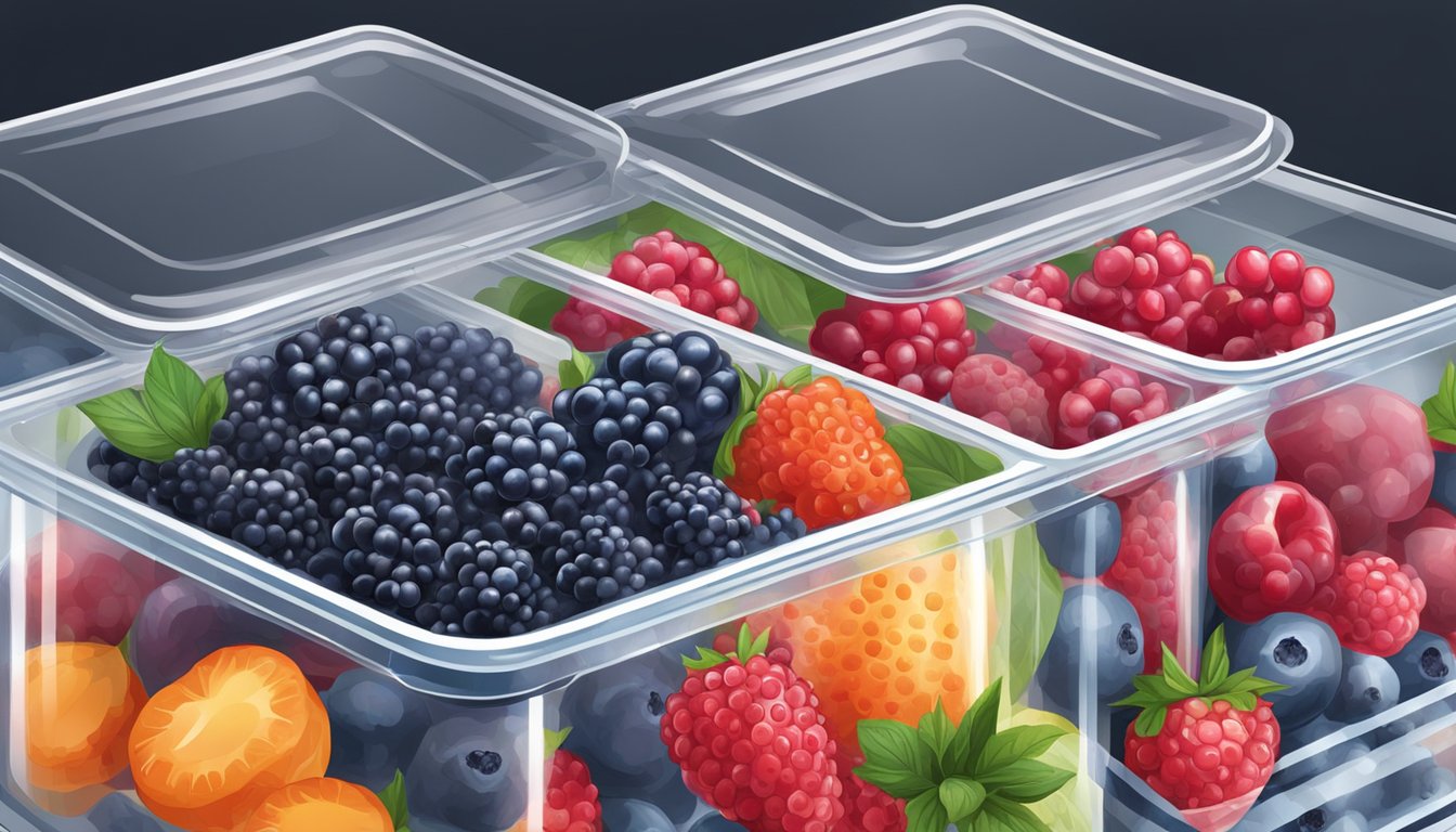 Fresh berries in airtight containers, stored in a refrigerator