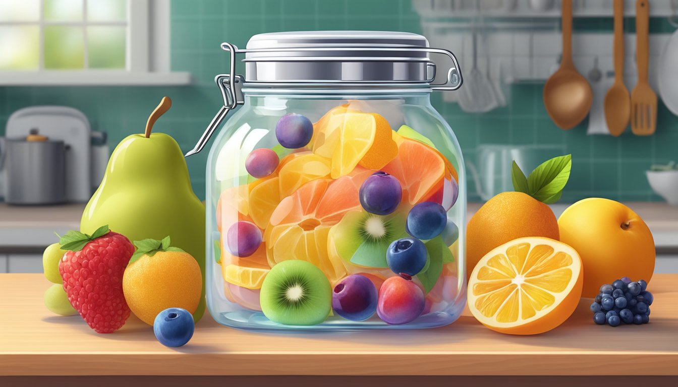 A clear glass jar of agar flakes sits on a kitchen counter, surrounded by colorful fruits and a small measuring spoon