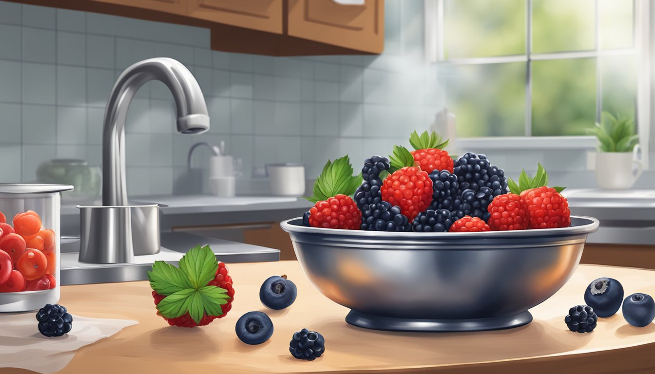 A bowl of fresh berries sits on a kitchen counter, next to a colander and a container of spoiled, moldy berries