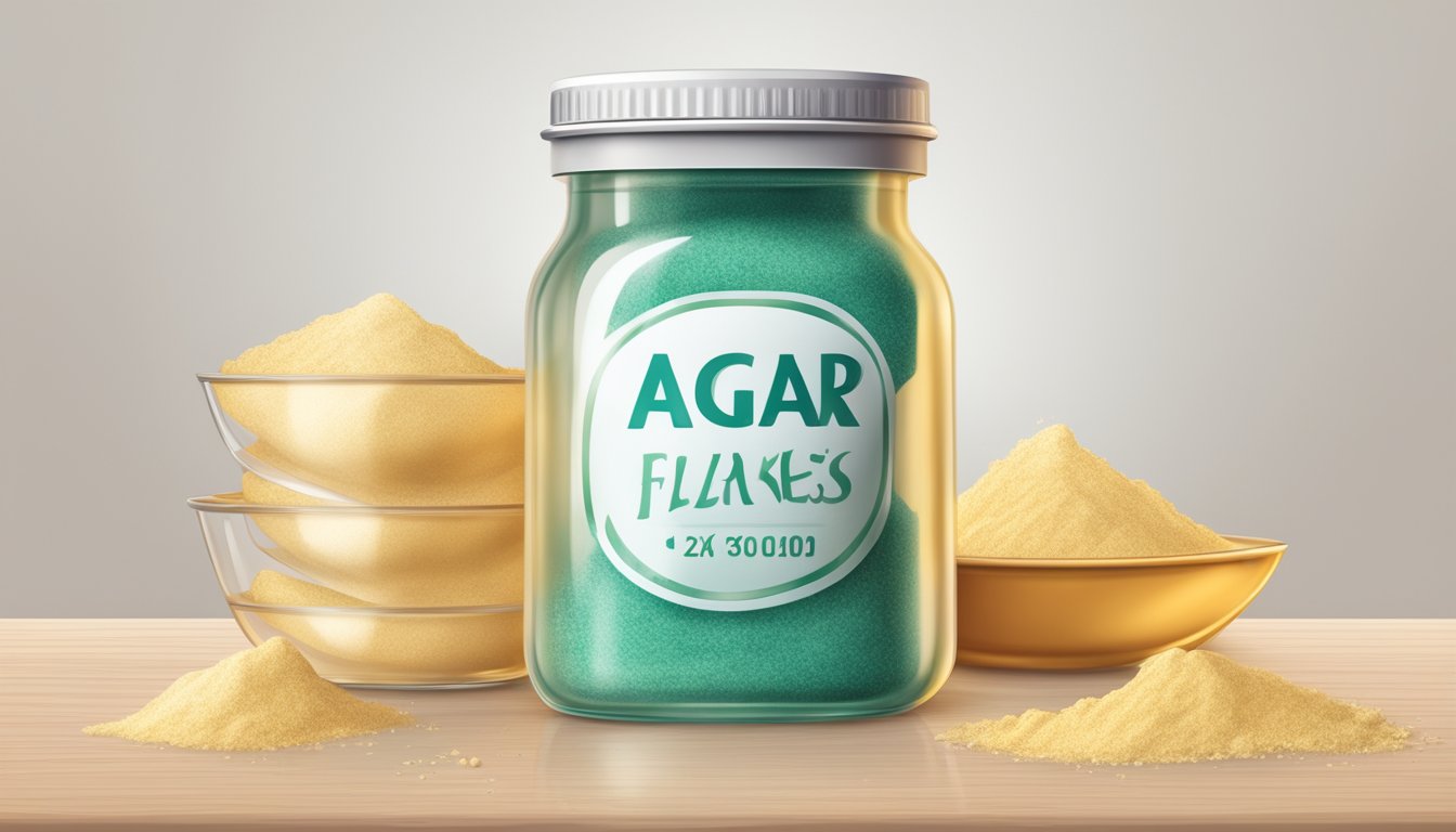 A glass jar of agar flakes and powder, with expiration dates visible