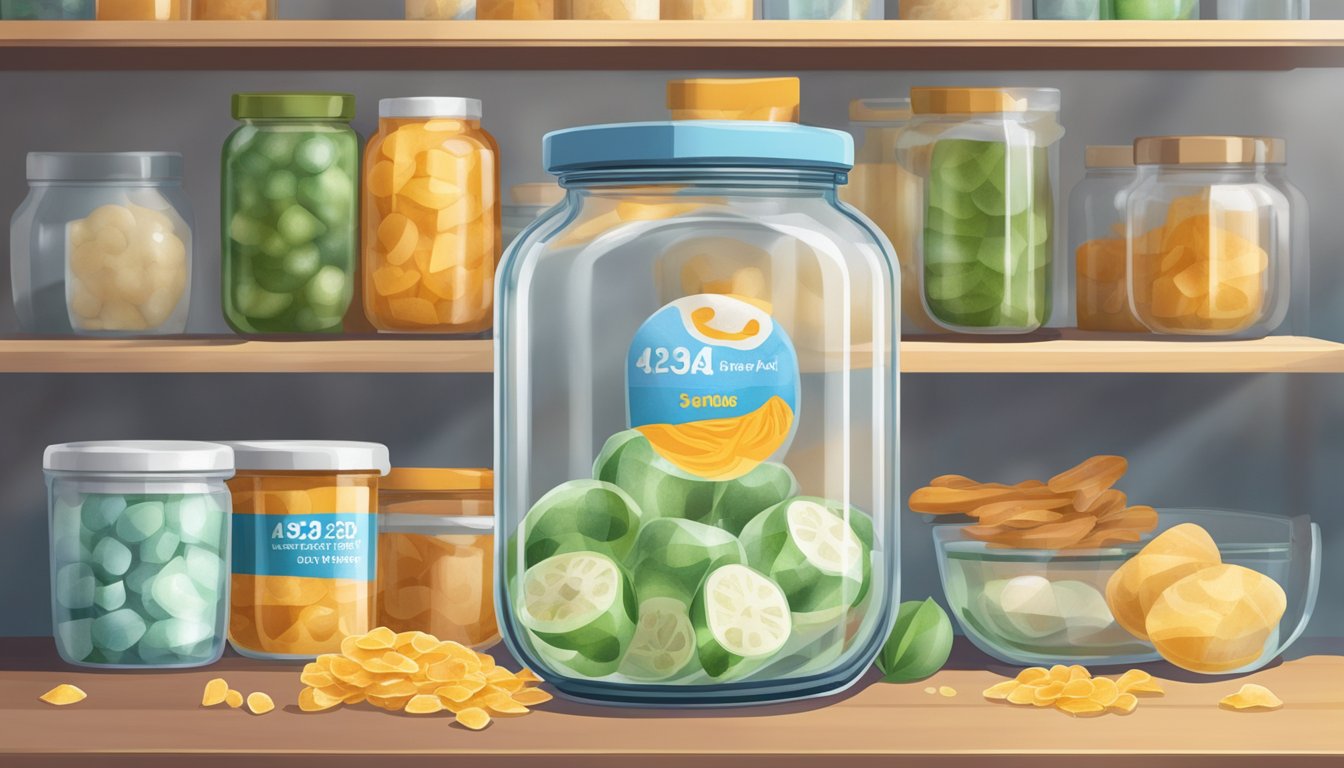 A glass jar of agar flakes sits on a shelf, surrounded by other food items. The expiration date on the label is clearly visible