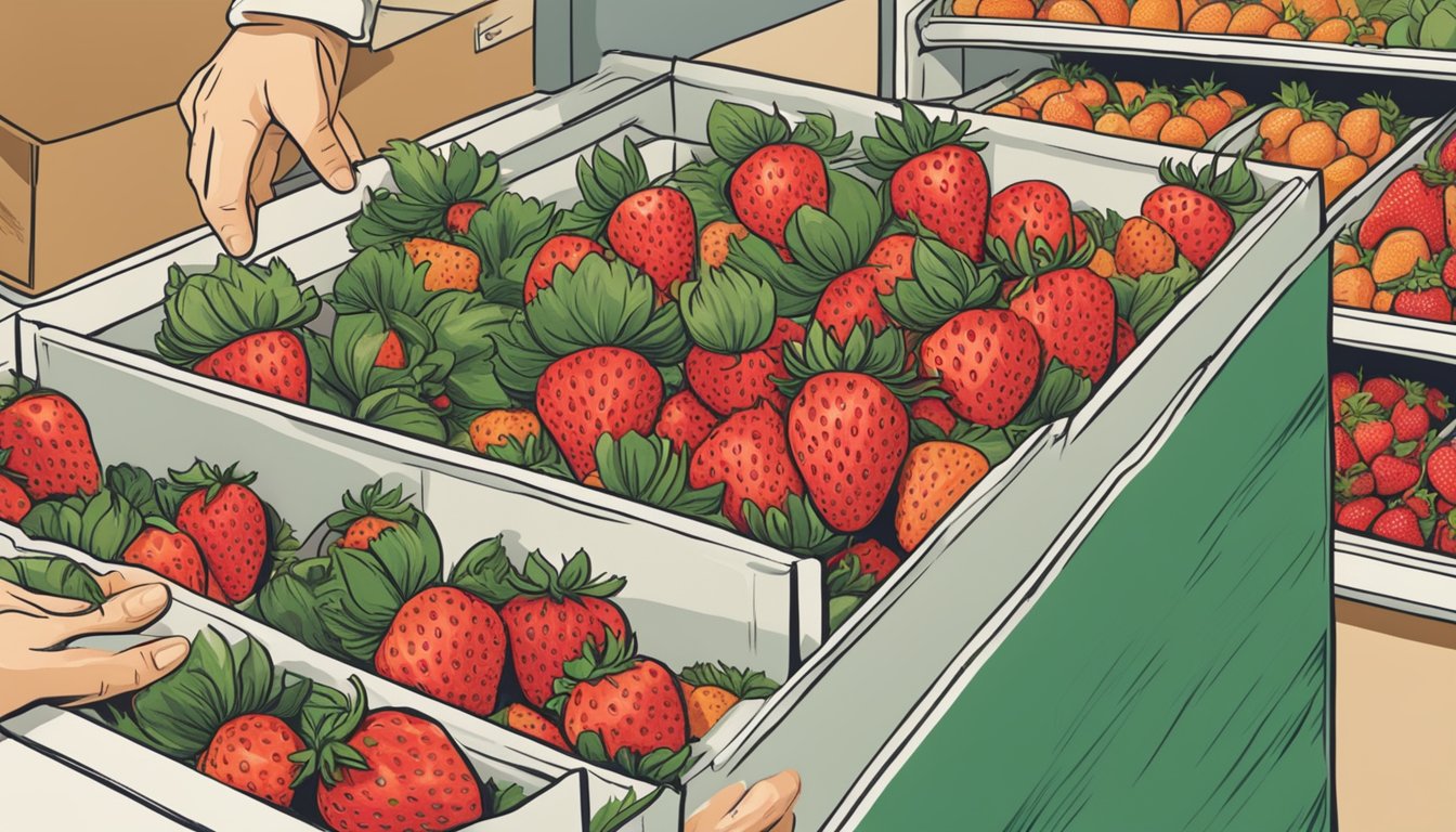 A hand reaching for a container of strawberries in a grocery store, with a sign indicating the price and a "best by" date