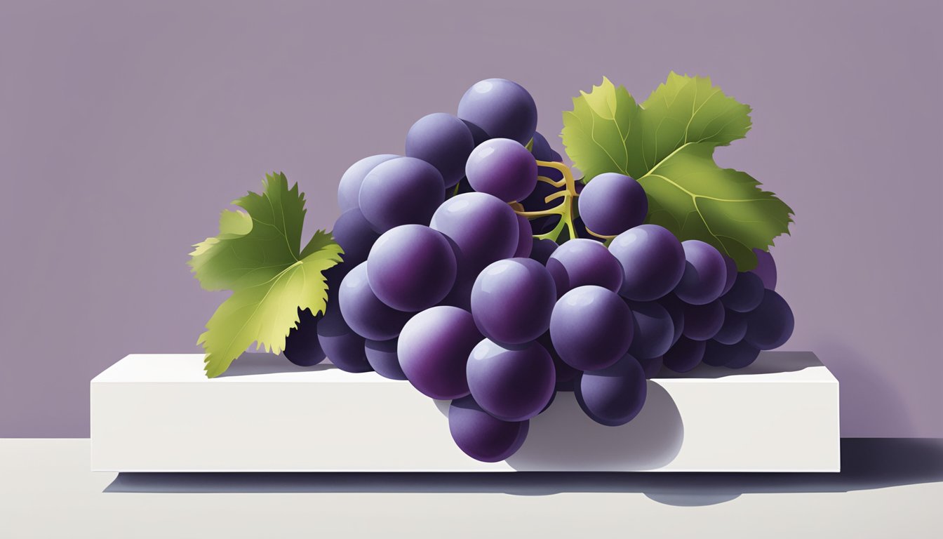 A cluster of grapes sits on a clean, white shelf. The grapes are plump, deep purple, and free of any signs of spoilage