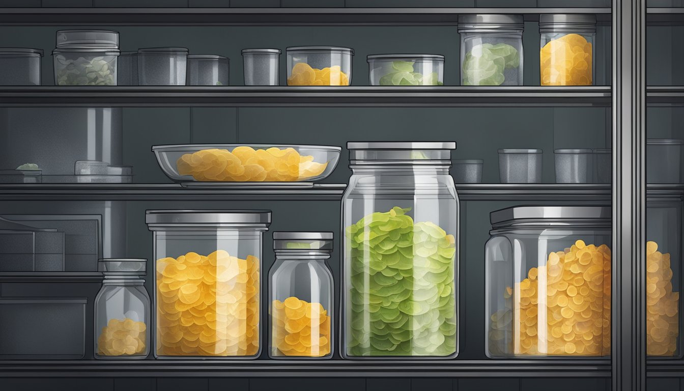 Agar flakes in a sealed, airtight container on a cool, dark shelf