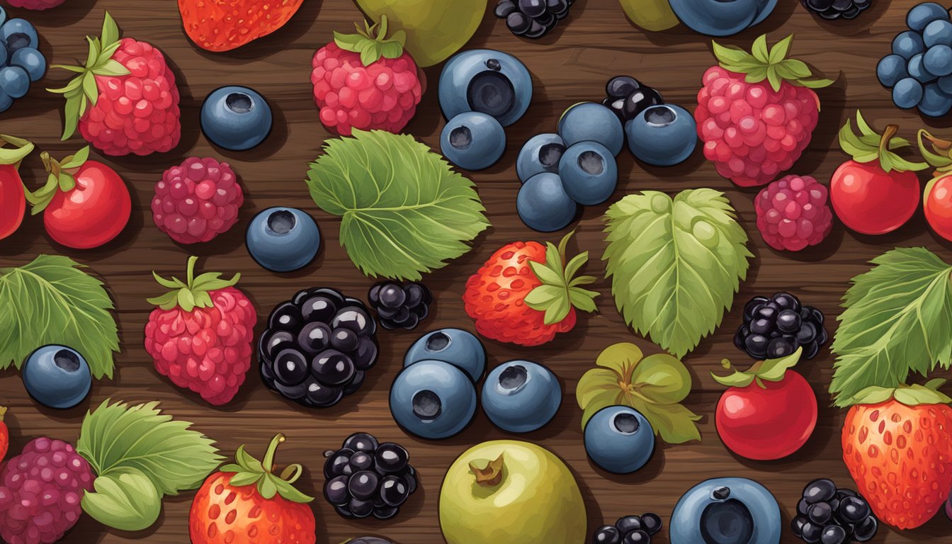 A variety of berries displayed on a rustic wooden table, showcasing their different colors, sizes, and textures. Some are ripe and plump, while others are starting to show signs of spoilage