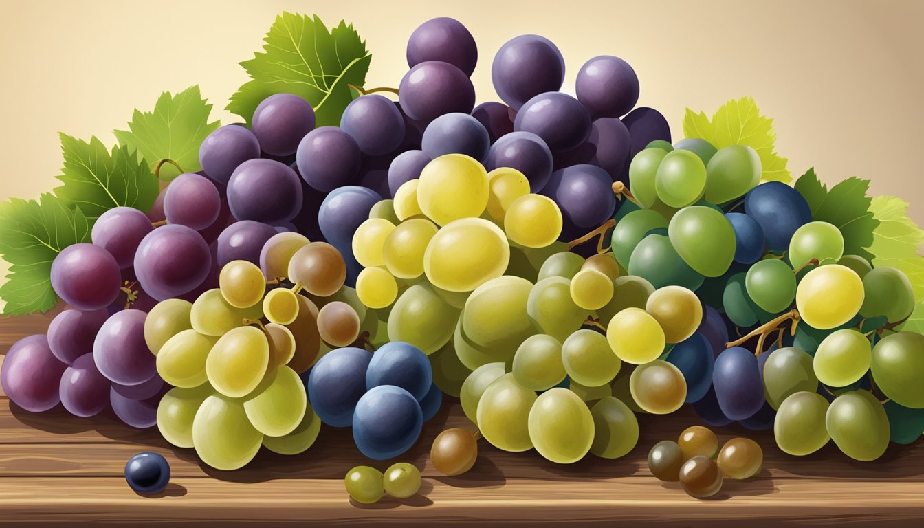 A variety of grapes in different colors and sizes arranged on a wooden table with a few grapes showing signs of spoilage