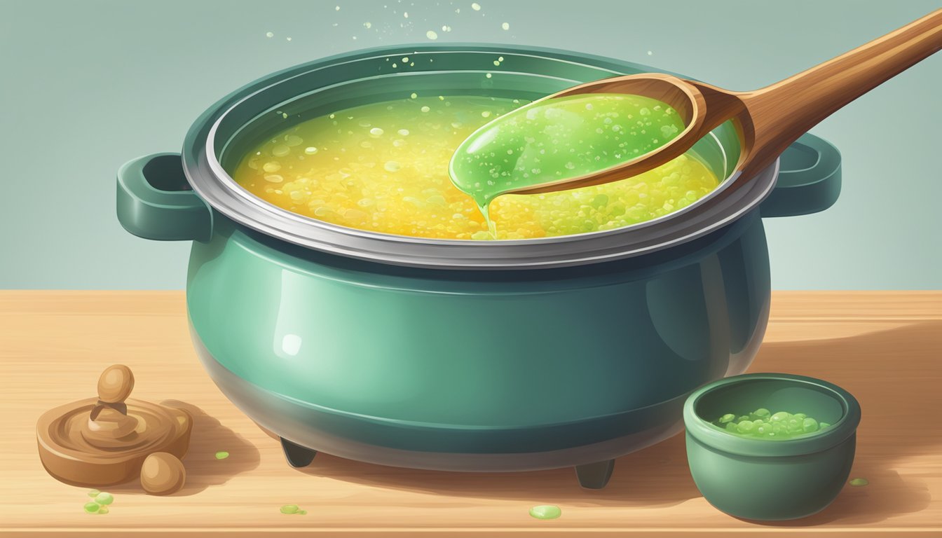 A pot of simmering liquid with agar flakes being stirred in by a wooden spoon