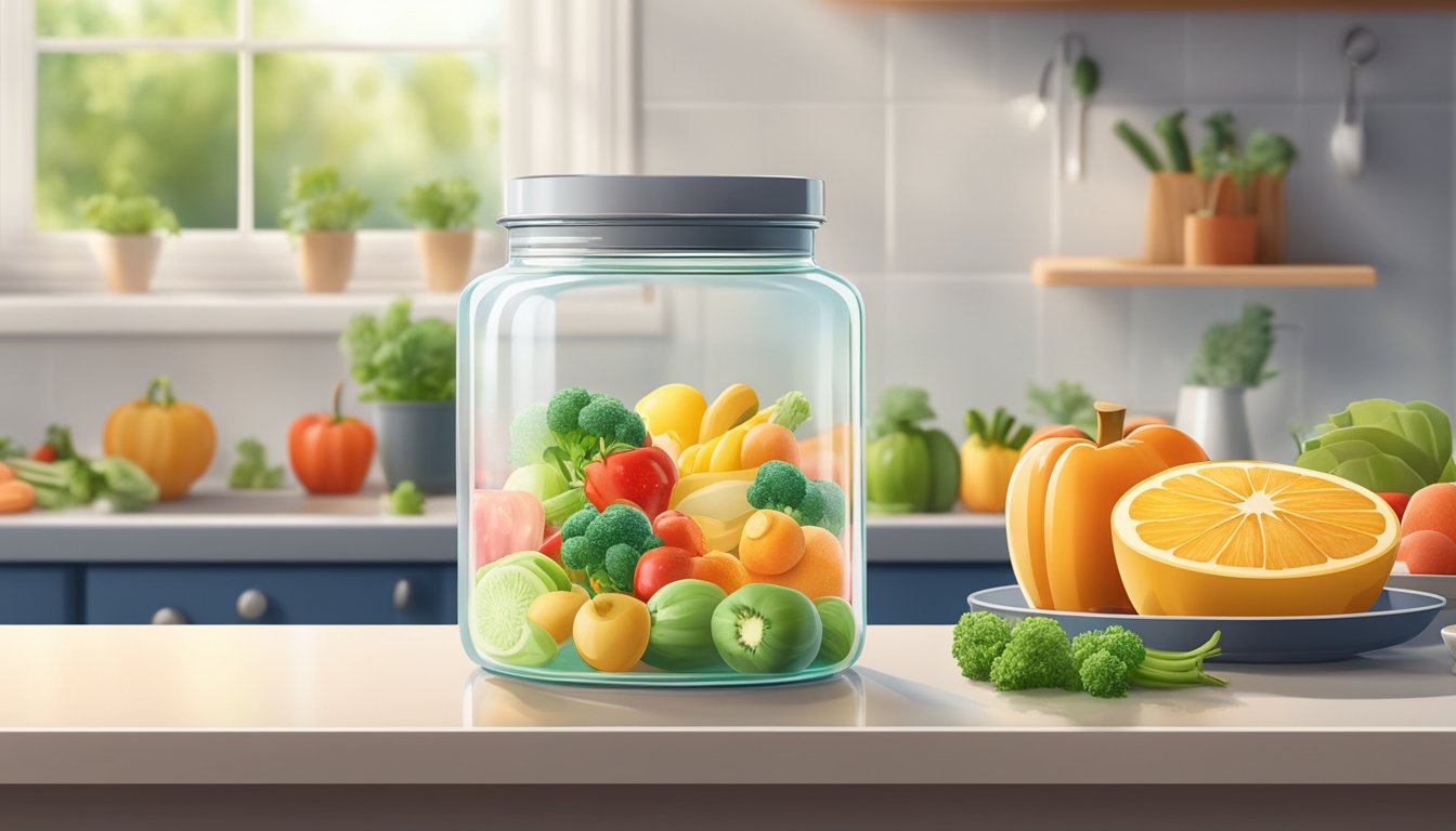 A glass jar of agar flakes sits on a clean, well-lit kitchen counter, surrounded by fresh fruits and vegetables