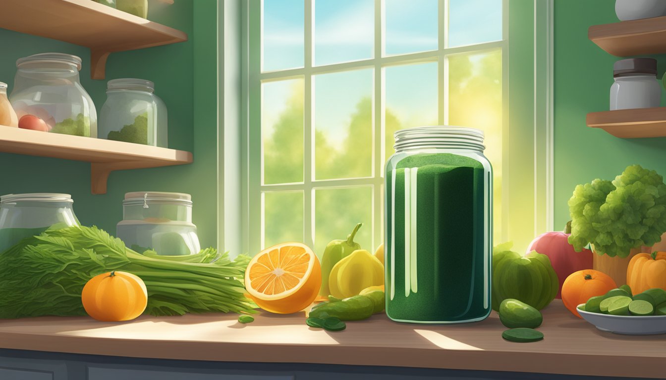 A clear glass jar of spirulina powder sits on a kitchen counter, surrounded by fresh fruits and vegetables. The sunlight streams through the window, casting a warm glow on the vibrant green powder