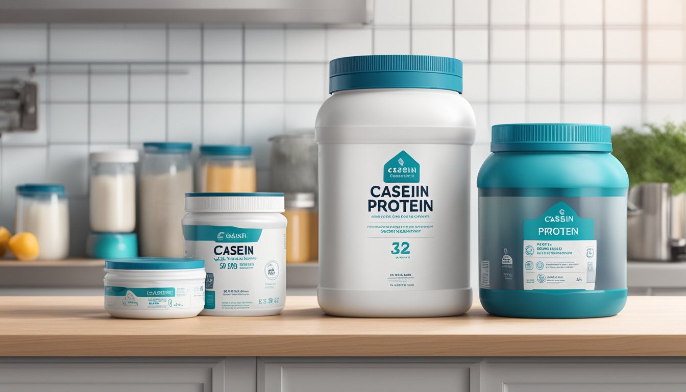 A container of casein protein powder sits on a clean, organized kitchen counter, with a clear expiration date visible on the label