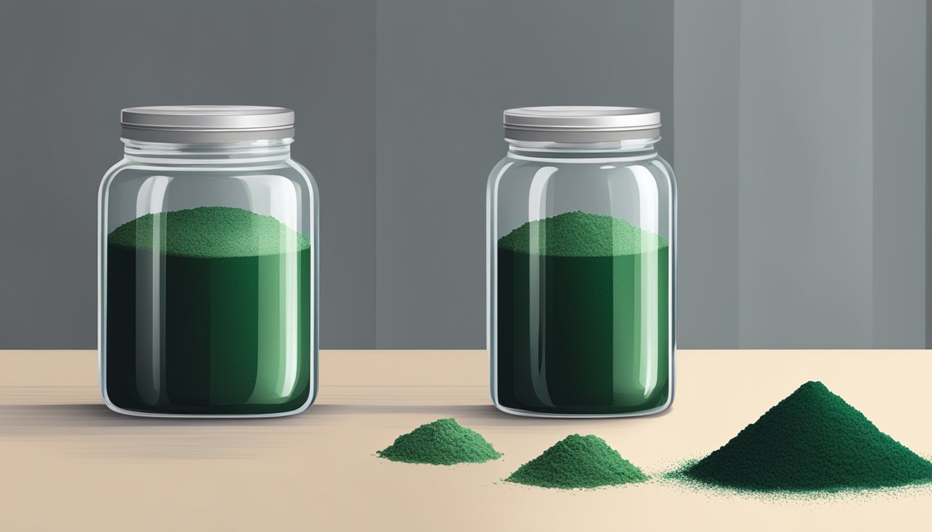 A glass jar of spirulina powder sealed tightly with a lid, placed in a cool, dark pantry away from direct sunlight and moisture