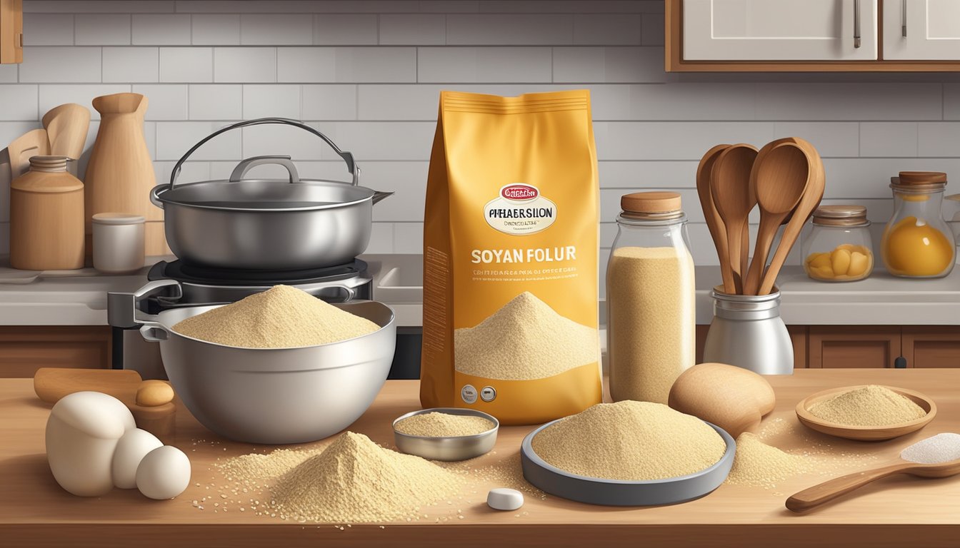 A bag of soybean flour sits on a kitchen counter, surrounded by various baking ingredients and utensils. The flour appears fresh and untouched