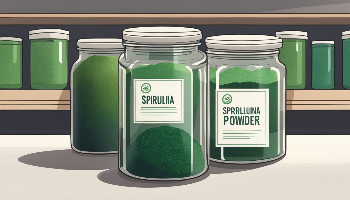 A clear glass jar of spirulina powder sits on a shelf, exposed to sunlight and humidity, while a separate jar is tightly sealed and stored in a cool, dark pantry