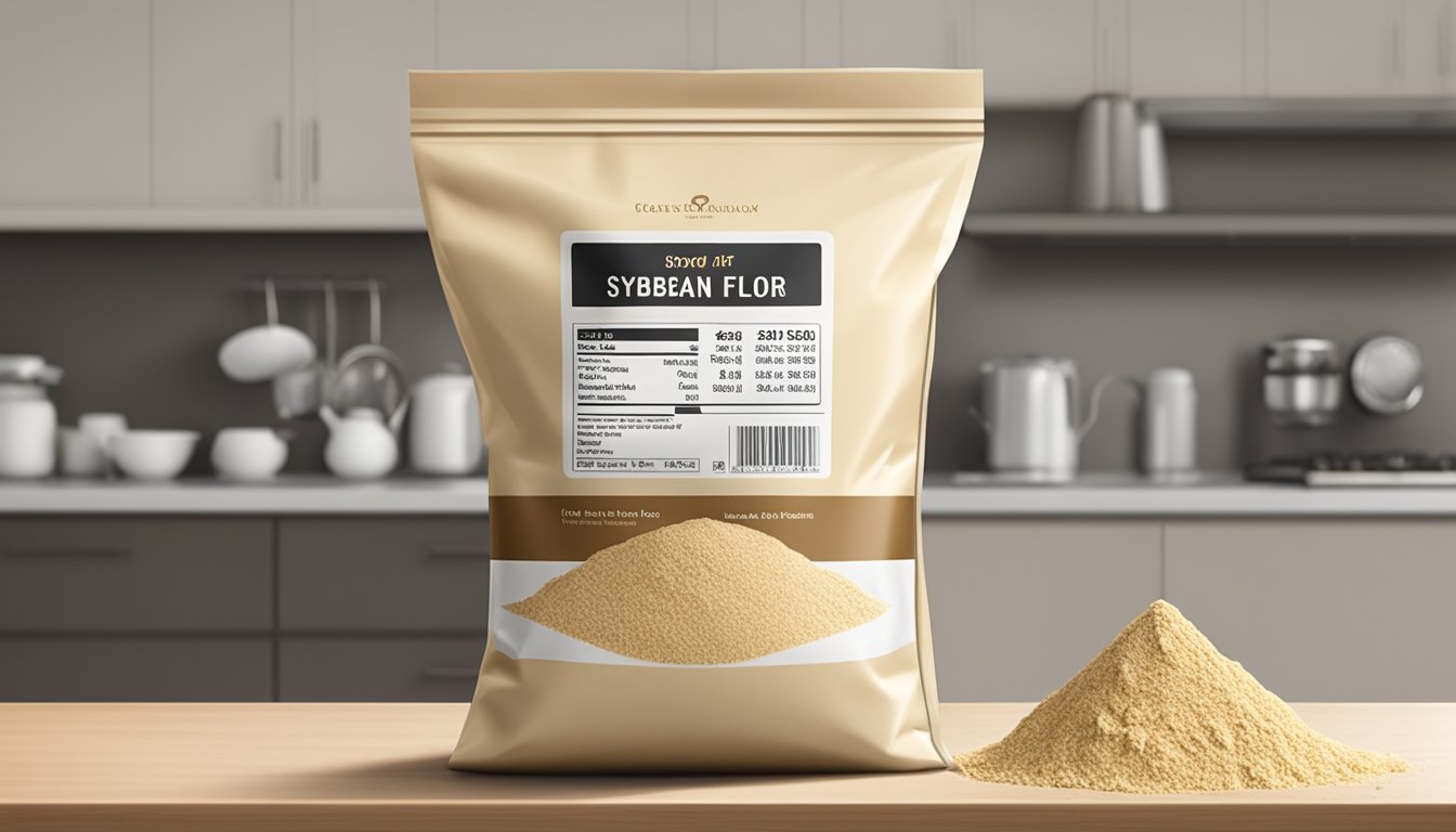 A bag of soybean flour sits on a kitchen shelf, with a clear expiration date label visible