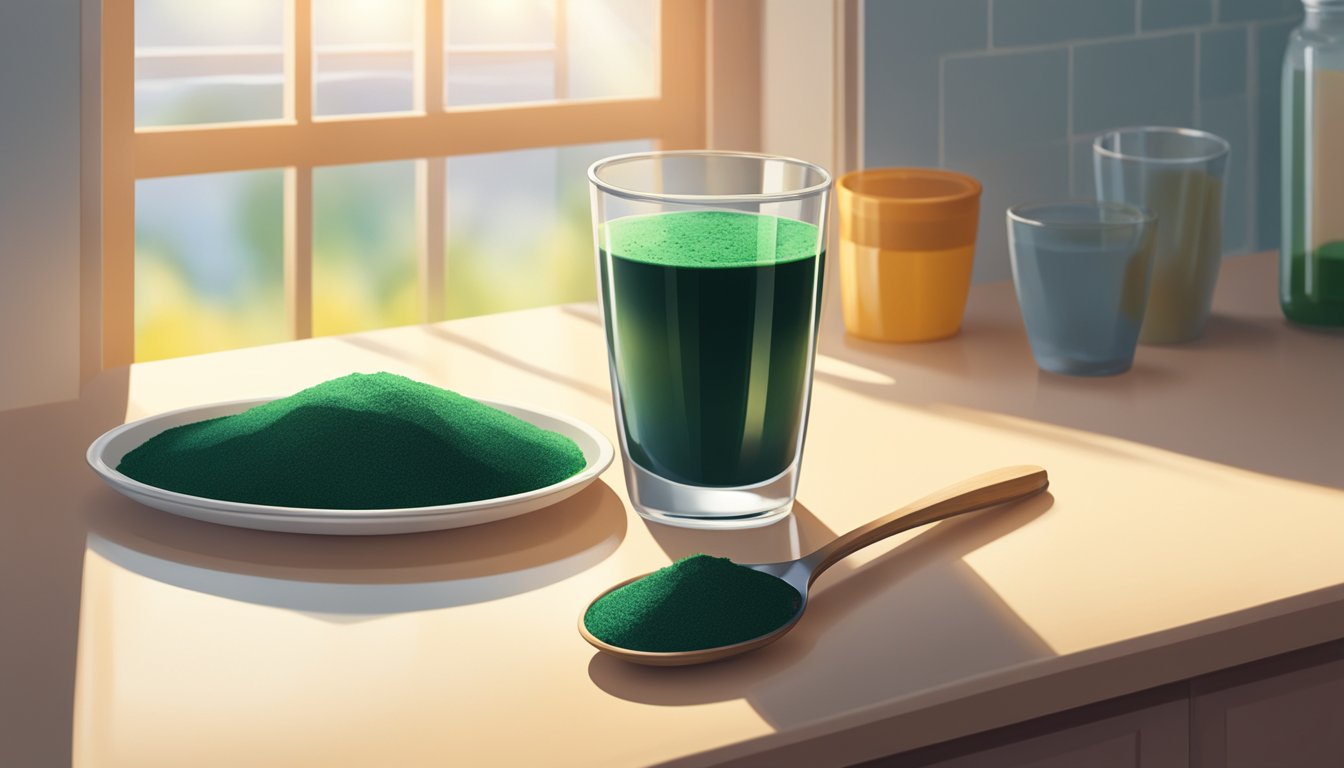 A bowl of fresh spirulina powder sits on a kitchen counter next to a spoon and a glass of water. The morning sunlight streams in through the window, casting a warm glow over the scene