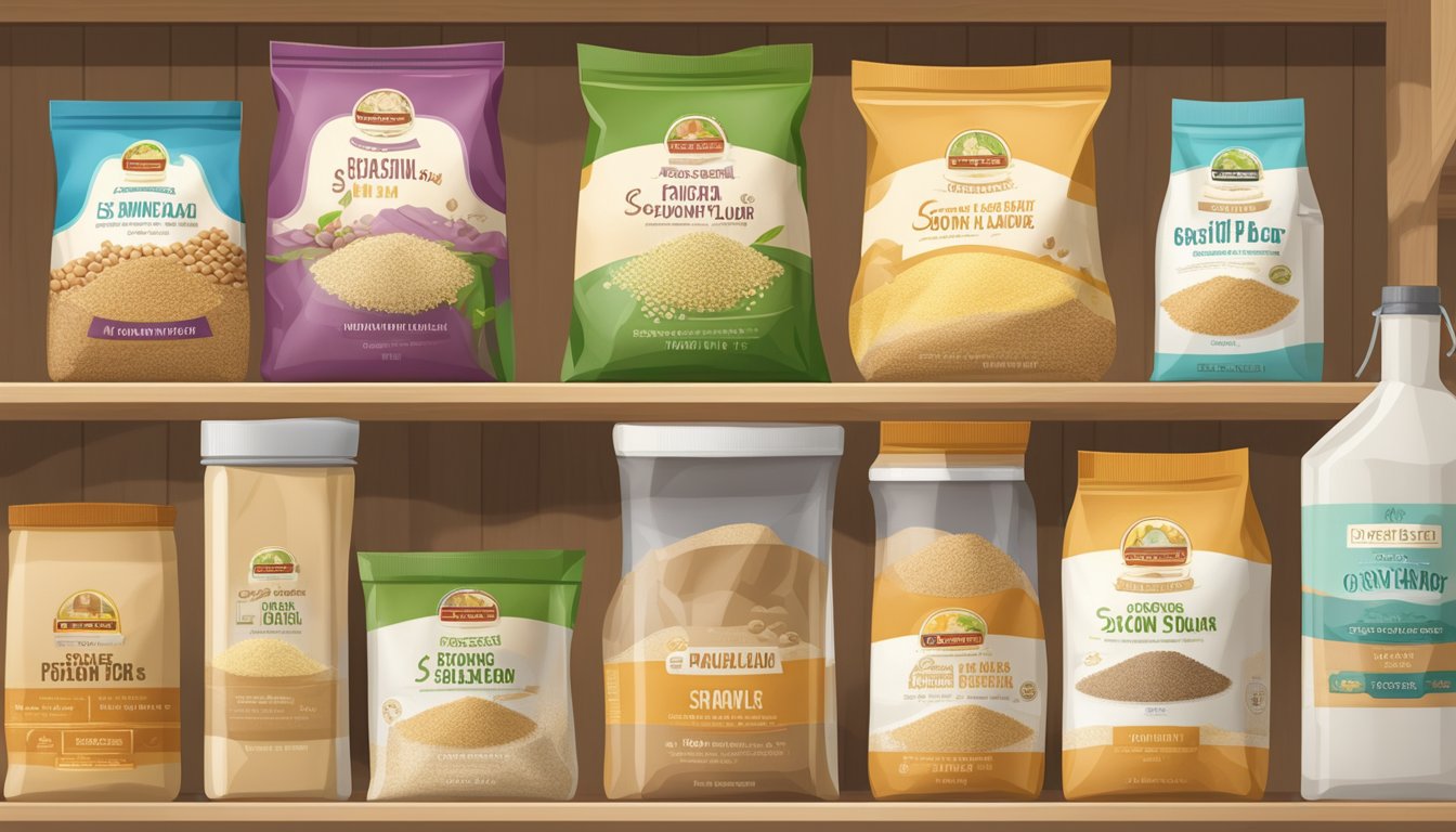 A sealed bag of soybean flour sits on a clean, organized pantry shelf, surrounded by other dry goods