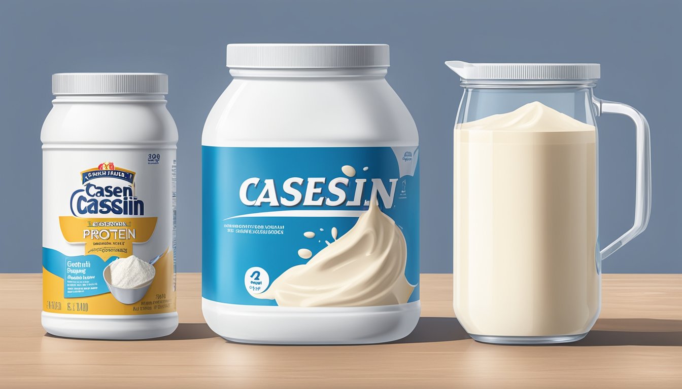 A carton of spoiled, curdled milk sits next to a fresh, unopened container of casein protein powder. The spoiled milk has separated and developed a foul odor, while the unopened casein powder remains sealed and undisturbed