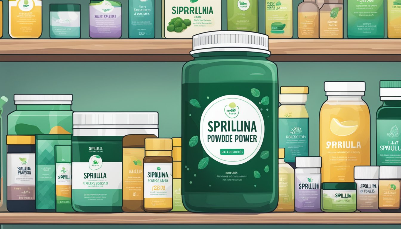 A jar of spirulina powder sits on a shelf, surrounded by various supplements and health products. The label indicates the expiration date and potential side effects