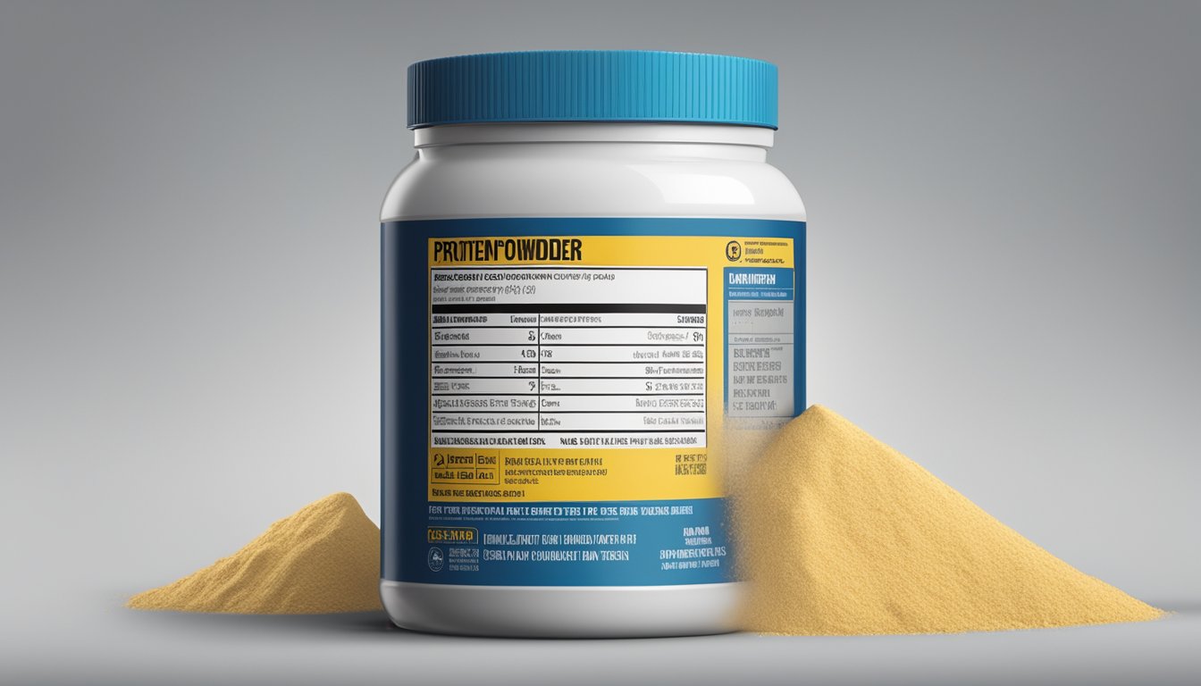 A jar of expired casein protein powder with a faded label, surrounded by warning symbols and a caution sign