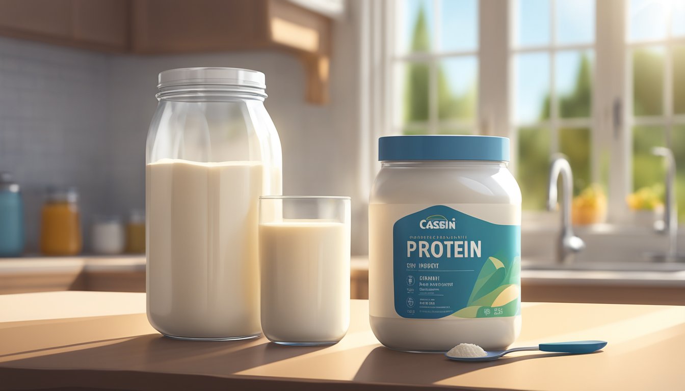 A jar of casein protein powder sits on a clean kitchen counter, next to a glass of milk and a measuring scoop. The morning sunlight filters through the window, casting a warm glow on the scene