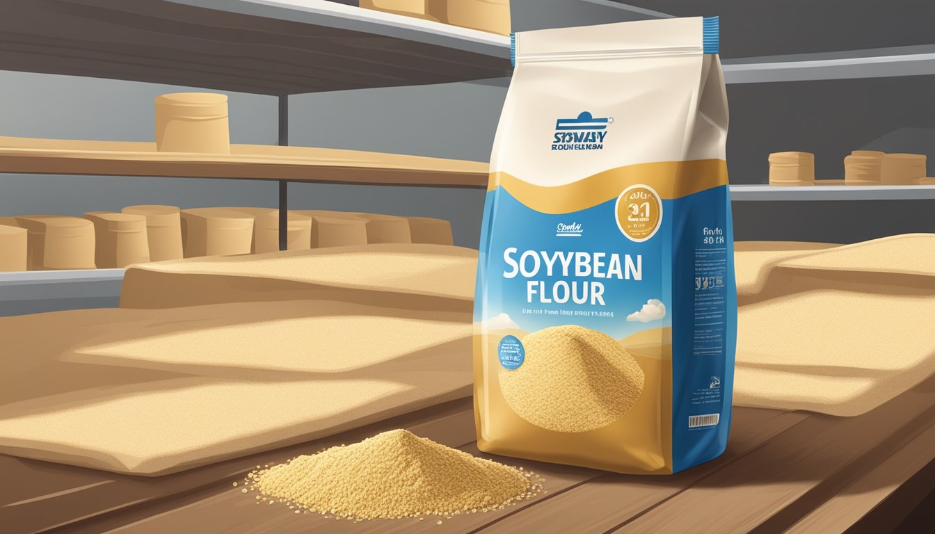 A sealed bag of soybean flour sits on a clean, dry shelf, away from direct sunlight and moisture