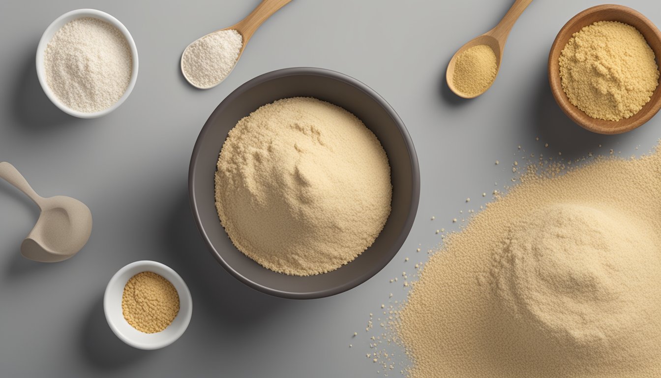 A bowl of soy flour sits next to various other flour types, with a question mark hovering over the soy flour