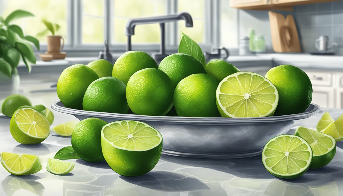 A group of limes sitting on a kitchen counter, some showing signs of spoilage with mold and discoloration, while others appear fresh and vibrant