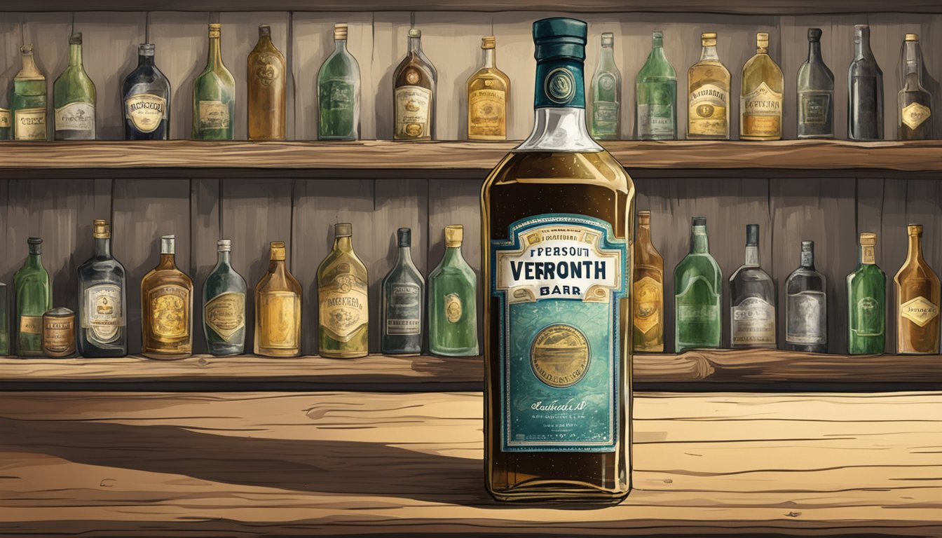 A dusty bottle of vermouth sits on a neglected bar shelf, its label peeling and stained. The liquid inside appears cloudy and discolored, hinting at its deterioration over time