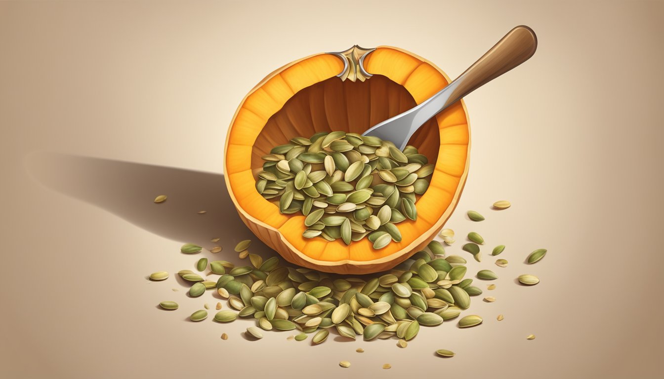 A pile of fresh pumpkin seeds spills out of a cracked shell, surrounded by scattered seeds and a measuring spoon