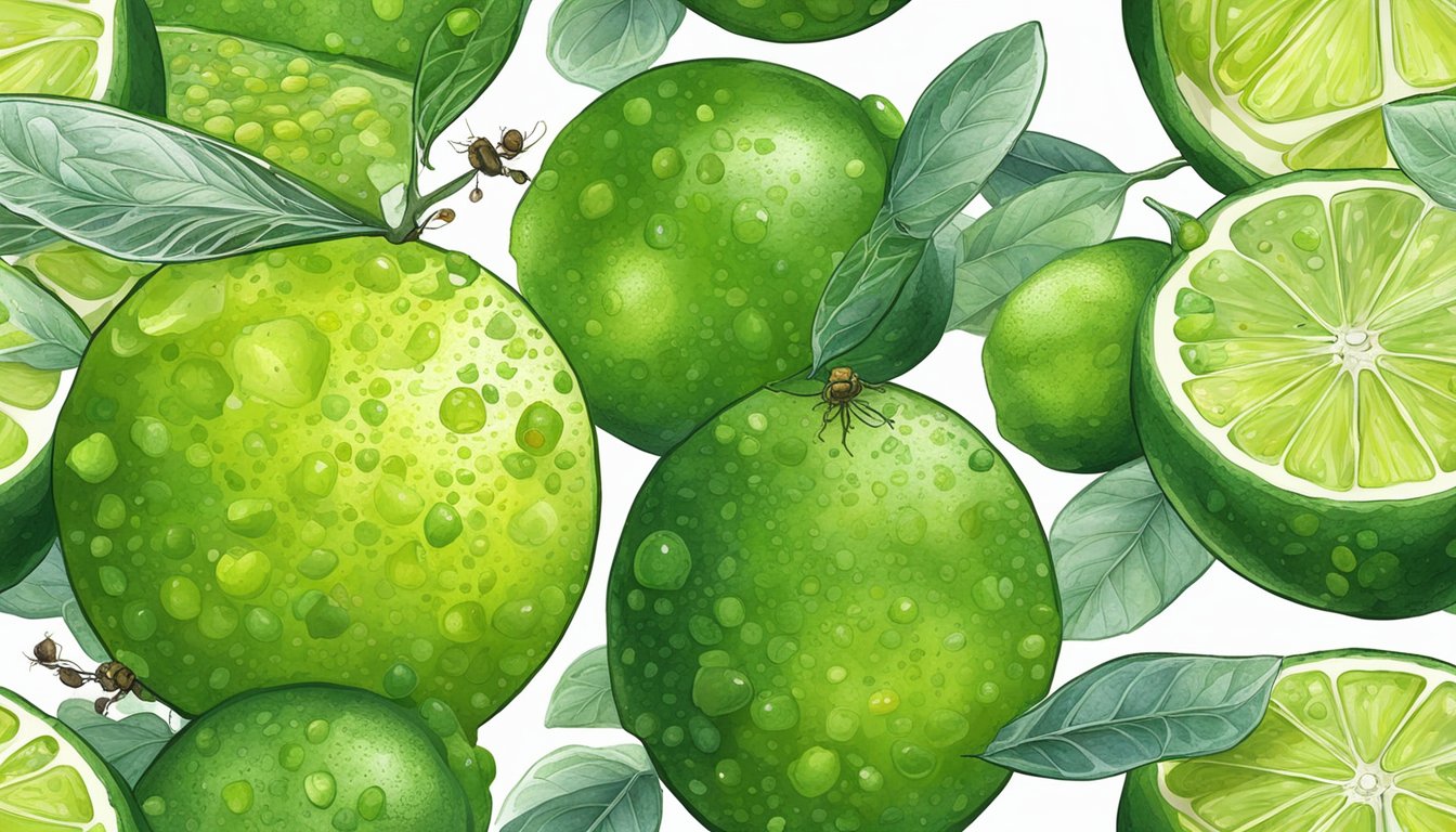 A group of limes with moldy spots, surrounded by a few fruit flies