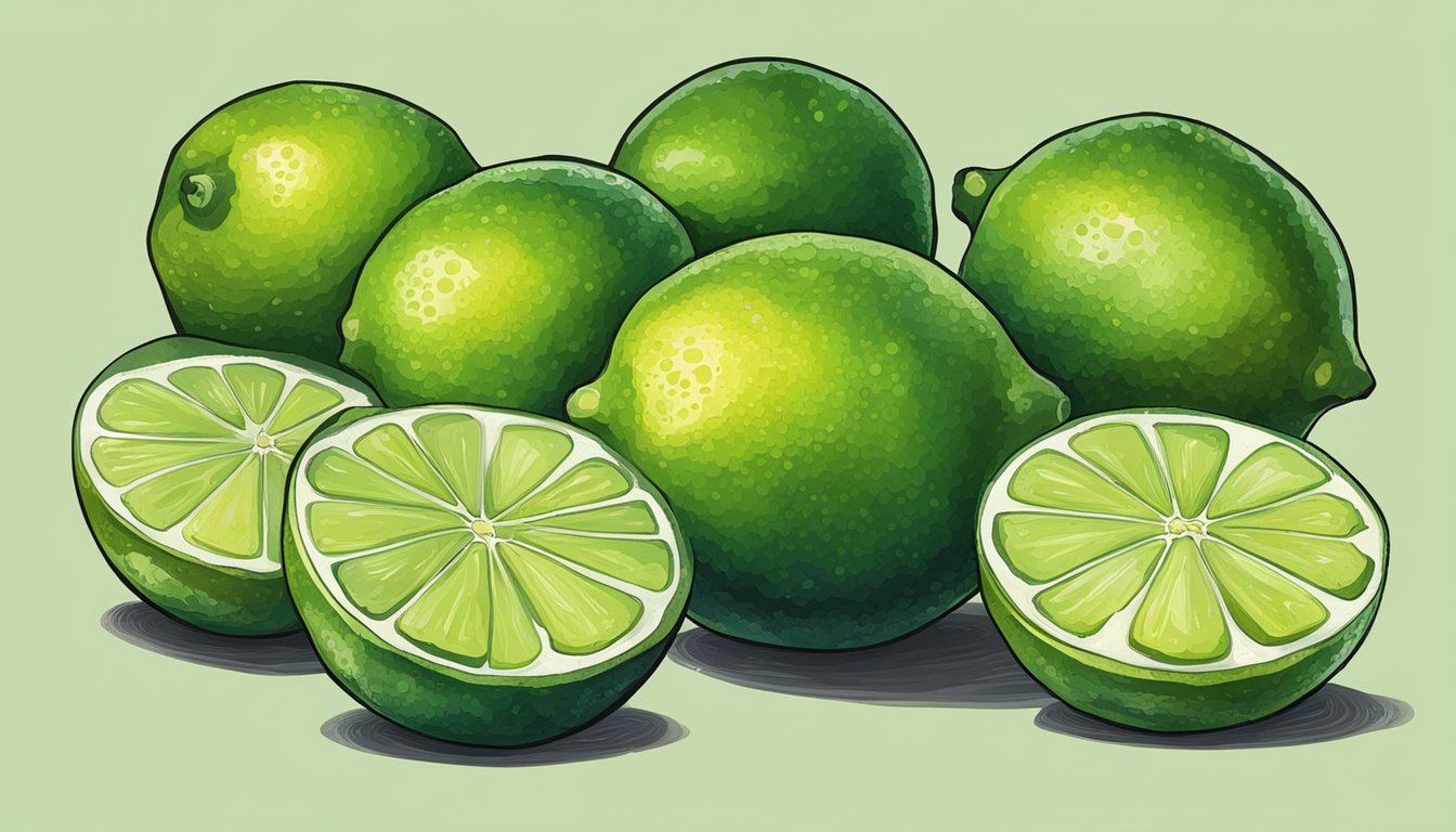 A pile of limes, some fresh and vibrant, others moldy and decaying, sitting on a countertop