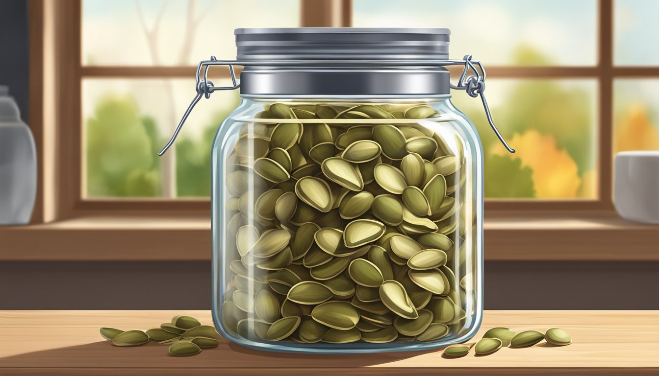 A clear glass jar filled with pumpkin seeds sits on a wooden shelf, sealed tightly with a metal lid to ensure proper storage