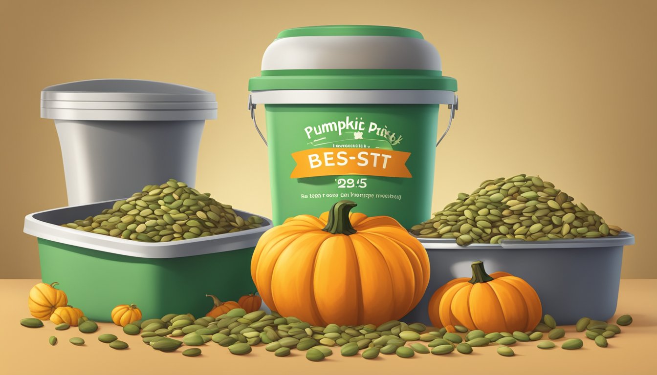 A pumpkin seed protein container with a "best by" date, surrounded by fresh pumpkins and seeds, and a compost bin for spoiled items