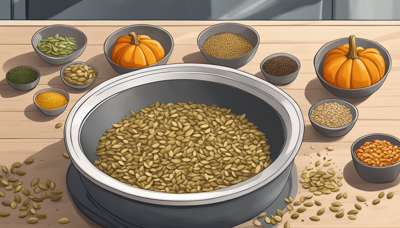 A bowl of fresh pumpkin seeds being roasted in the oven, with various spices and seasonings laid out on the counter nearby