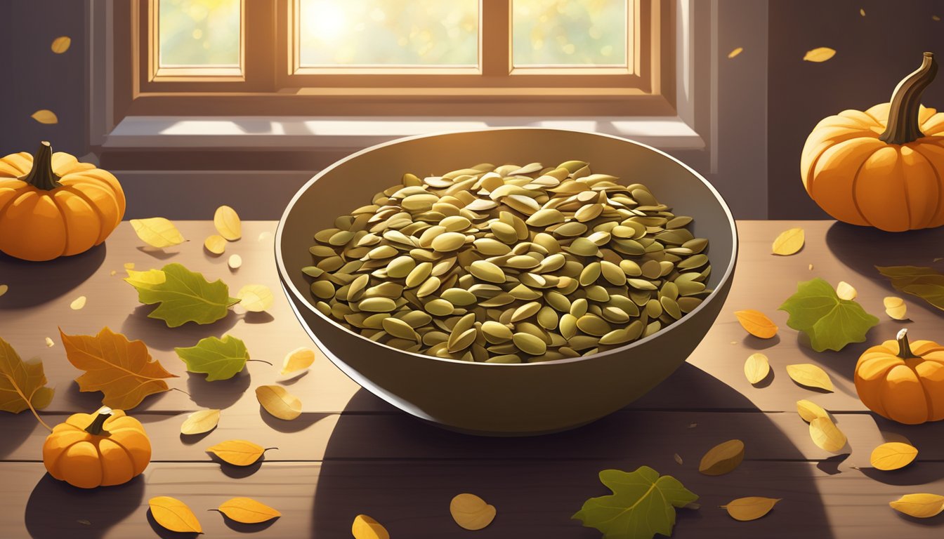 A bowl of pumpkin seeds sits on a wooden table, surrounded by scattered seeds and a few fallen leaves. Sunlight streams in through a nearby window, casting a warm glow on the seeds