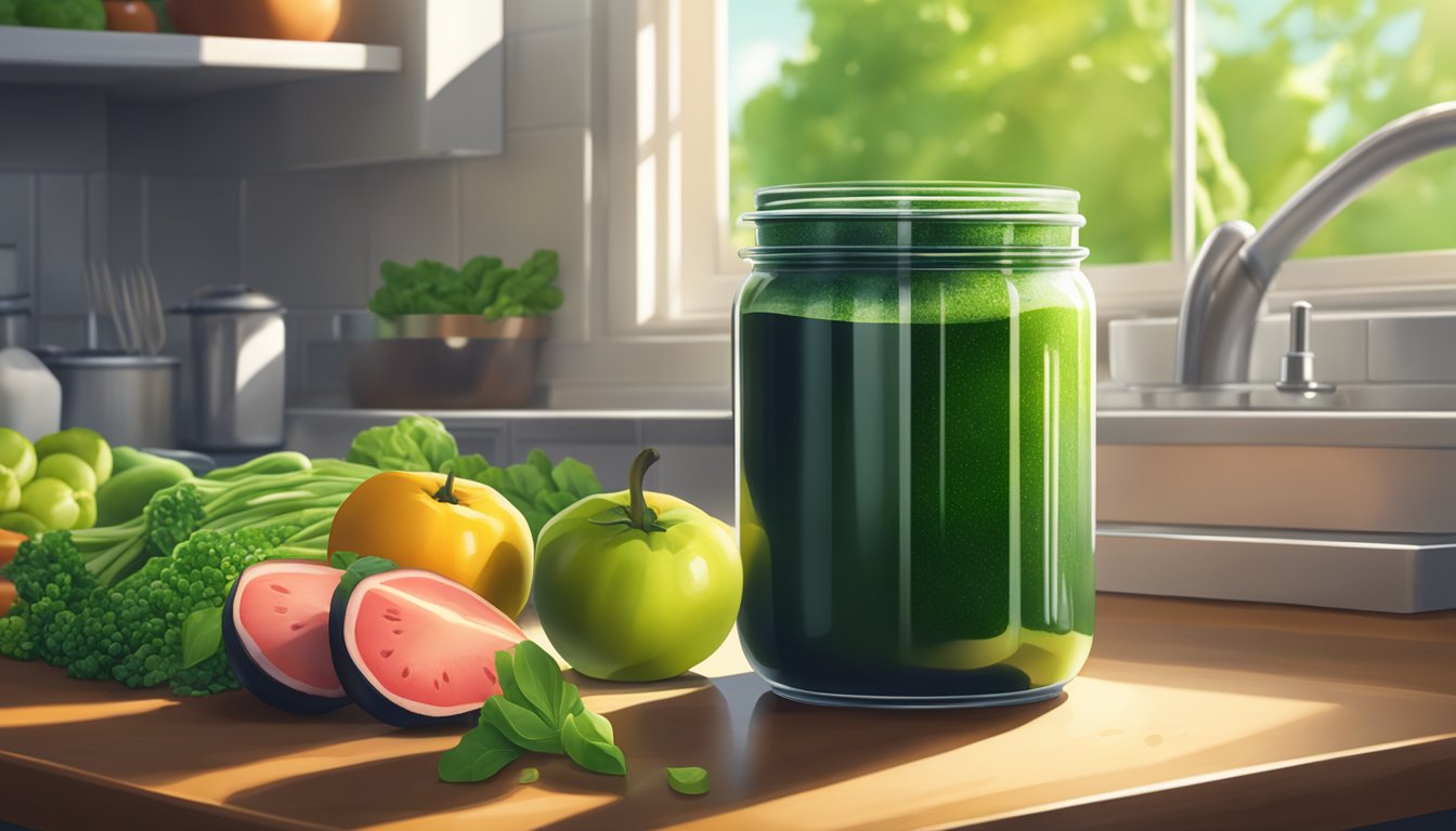 A jar of chlorella powder sits on a kitchen counter, surrounded by fresh green vegetables and fruits. The sunlight streams in through the window, casting a warm glow on the scene