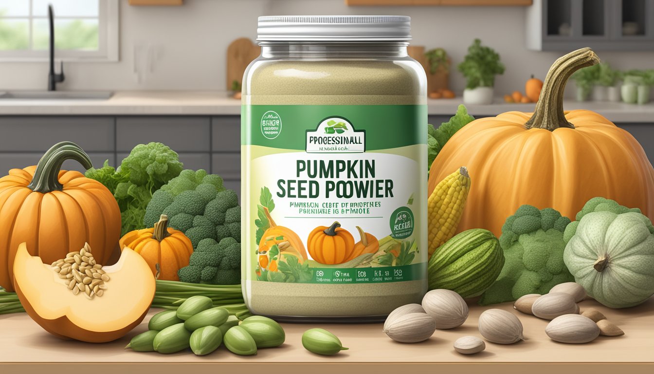 A jar of pumpkin seed protein powder sits on a kitchen counter, surrounded by various fruits and vegetables. The label on the jar indicates the specific diet-friendly nature of the product